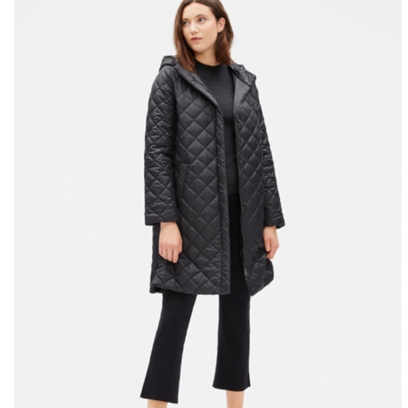 NWT Eileen Fisher WOMEN'S DIAMOND RECYCLED NYLON HOODED COAT Jacket Black XS - Picture 1 of 4